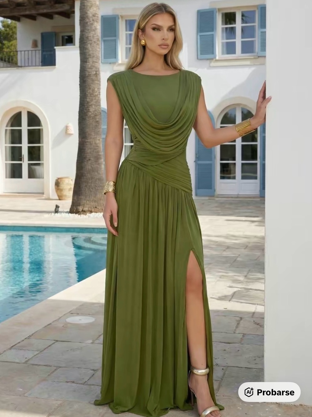 Olive Green Draped Maxi Evening Dress